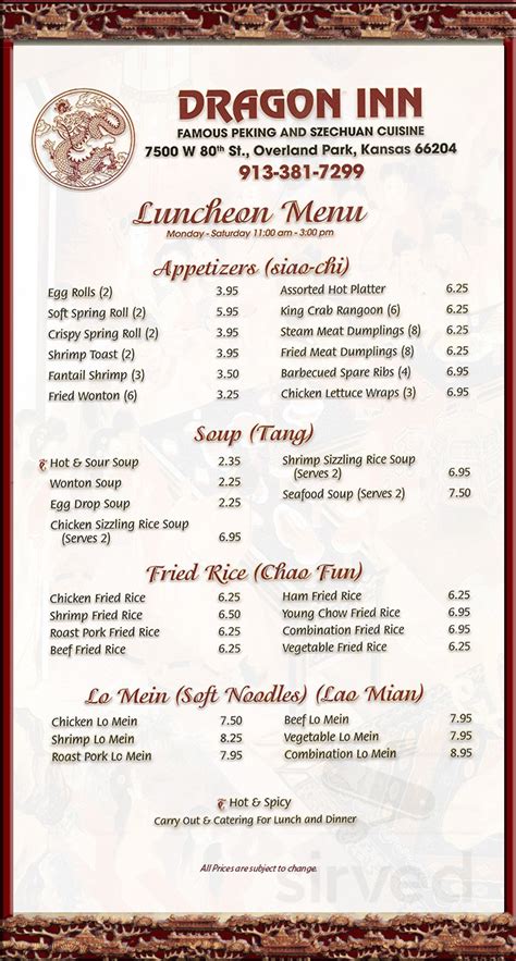 Restoran Asia dan Restoran Cina Overland Park. . Dragon inn overland park menu